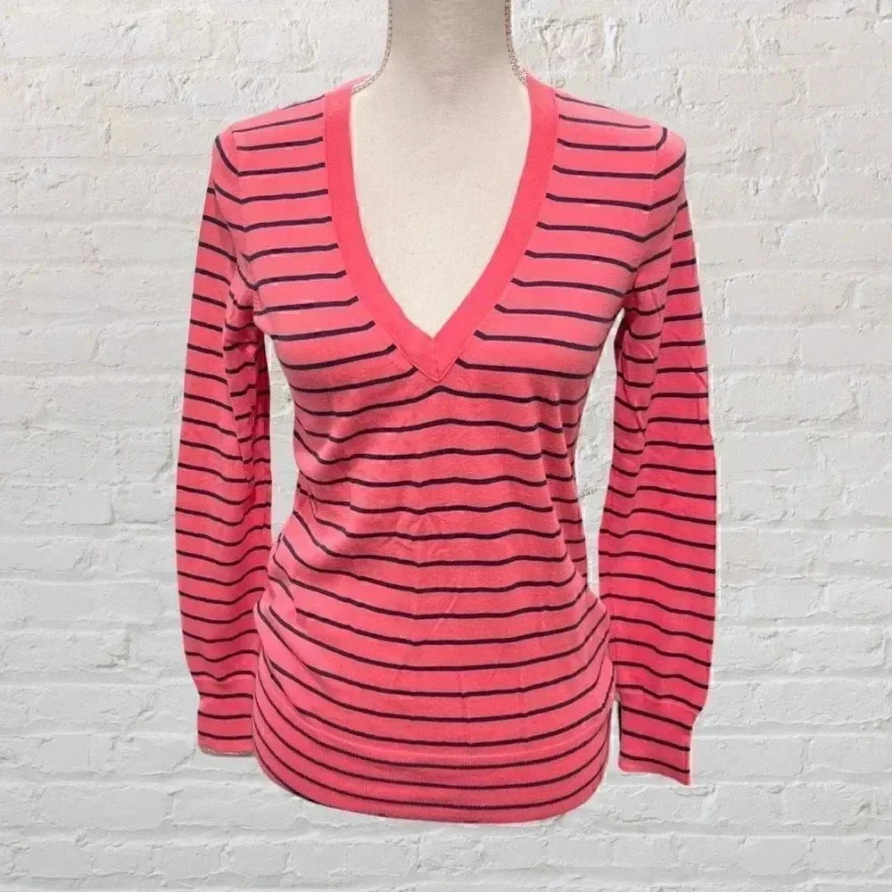 J Crew Pink and Black Pinstripe V-neck Pullover Sweater Top Size XS